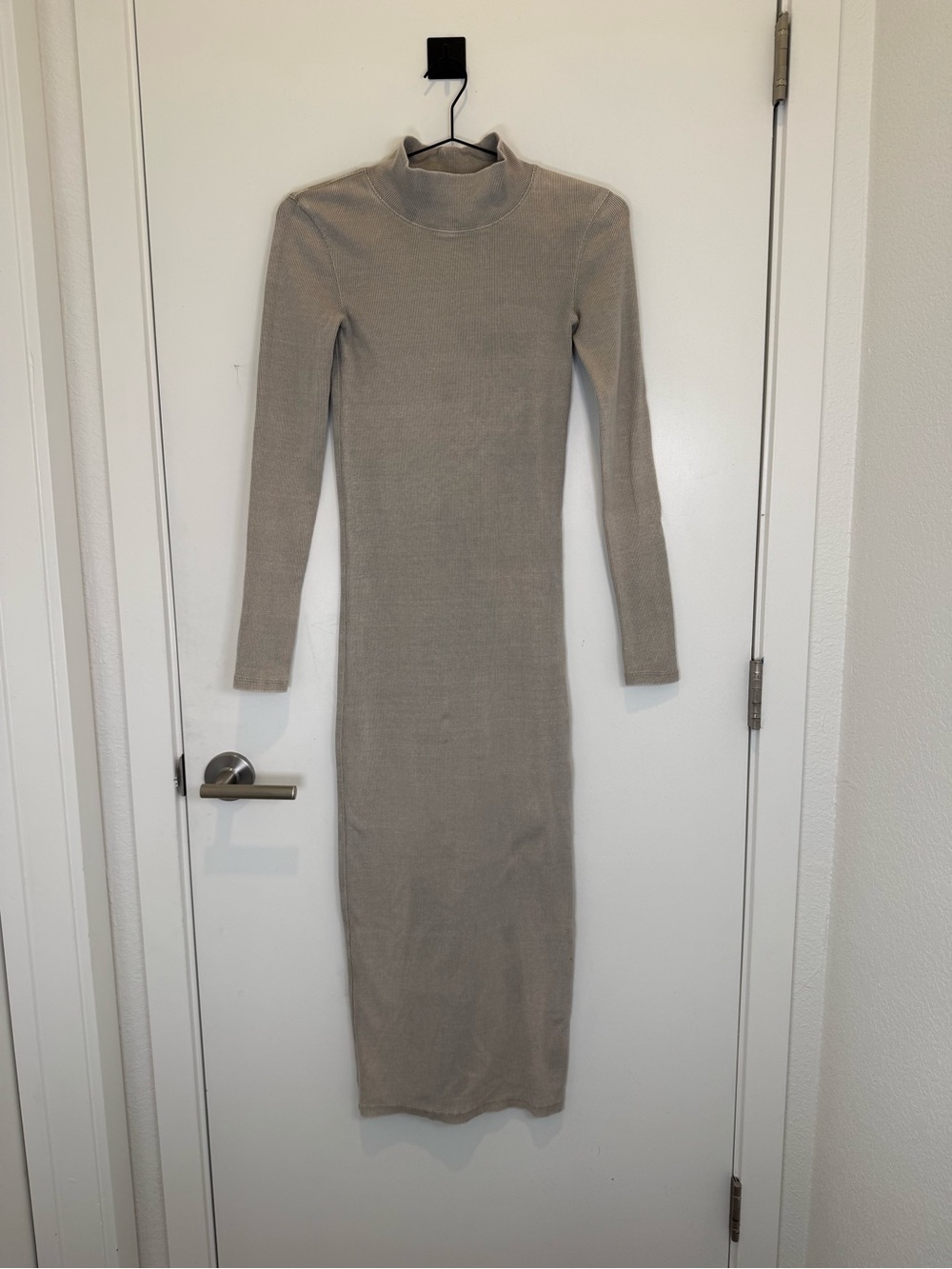Zara Slim Ribbed Mock Neck Long Sleeve Dress in Taupe
